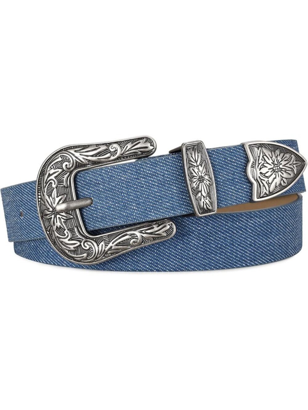Women's Denim Blue Leather Belts Vintage Western Design Silver Buckle Waist Belt